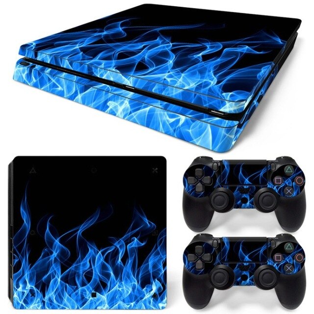 Skin flame bleu pour 2 manettes et sa console Playstation 4 slim